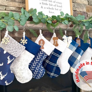 Handmade Christmas Stocking: Personalized Blue Plaid, White, Fur Stockings, Embroidered or Name Tag