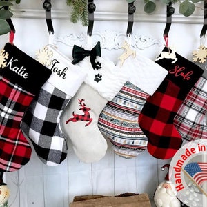 Personalized Buffalo Plaid Christmas Stocking: Buffalo Check, Stewart Plaid, Linen, Red Christmas Stockings