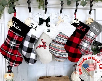 Personalized Buffalo Plaid Christmas Stocking: Buffalo Check, Stewart Plaid, Linen, Red Christmas Stockings
