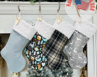 Personalized Christmas Stockings. Blue Christmas Stockings. Plaid Christmas Stockings. Linen Stockings. Blue Stockings. Woodland Stockings.
