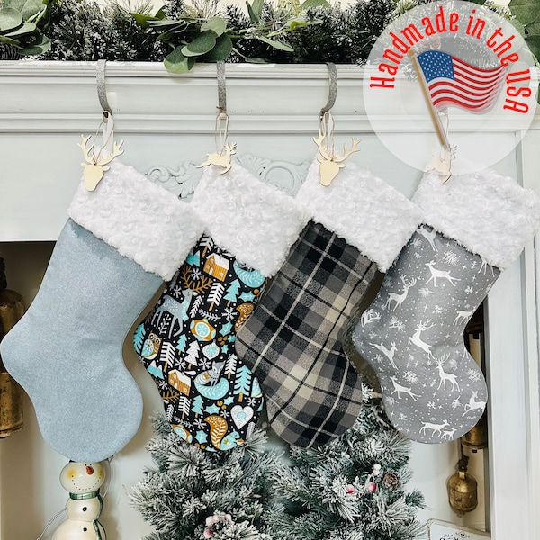 Personalized Christmas Stockings. Blue Christmas Stockings. Plaid Christmas Stockings. Linen Stockings. Blue Stockings. Woodland Stockings.