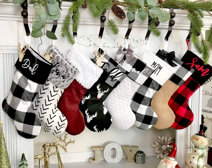 1 pack Personalized 2020 New Christmas Stockings Gray Burlap Buffalo Red Plaid Soft Faux Fur Lovely Glitter Embroidery Pattern for Family Decorations Hanging Ornament for Xmas Party 20 inches