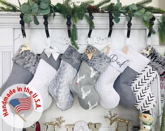 Personalized Christmas Stockings. Gray Christmas Stockings. Fur Stockings. Gray  Stockings. Grey Stockings. Stockings embroidered with name