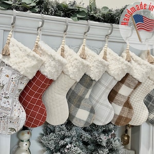 Handmade Neutral Christmas Stocking: Personalized Ivory, Plaid, Cream, Terracotta, Farmhouse Stockings