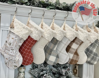 Neutral Christmas Stocking. Personalized Christmas Stockings. Embroidered. Ivory Stockings. Farmhouse Stockings. Grey Stockings. Plaid Stock