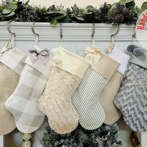 Handmade Christmas Stocking: Personalized Neutral, White, Fur, Grey, Linen, Farmhouse Stocking, Embroidered, Name Tag