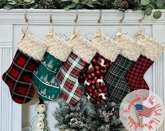 Personalized Christmas Stockings.Buffalo Plaid Stockings.Fur Stockings.Plaid Stockings. Stewart Plaid Stockings.Christmas Stocking.Farmhouse