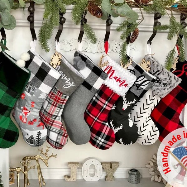 Personalized Buffalo Plaid Christmas Stocking: Handmade Farmhouse Stockings, Red, Grey, Stewart Plaid