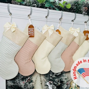 Farmhouse Christmas Stocking. Personalized Christmas Stockings. Ticking Stripe Stockings. Neutral Stockings. Grey Stockings.Linen Stockings