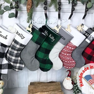 Personalized Christmas Stockings. Buffalo Plaid Stockings. Ticking Stripe Stockings. Gray Stockings. Burlap Stockings. Farmhouse Stockings.