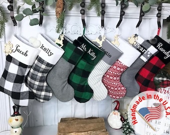 Personalized Christmas Stockings. Buffalo Plaid Stockings. Ticking Stripe Stockings. Gray Stockings. Burlap Stockings. Farmhouse Stockings.