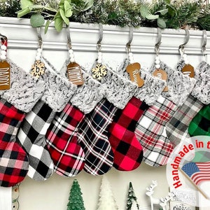 Handmade Personalized Plaid Christmas Stocking: Farmhouse Stockings, Buffalo Plaid, Red, Green, Gray Stockings