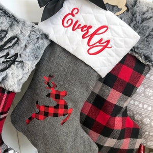 Plaid Stockings. Buffalo Plaid Stockings. Personalized Christmas Stockings. Gray Stockings. Christmas Stocking. Farmhouse Stockings. Gray Rudolph/WhtQuil