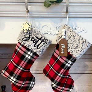 Plaid Stockings. Buffalo Plaid Stockings. Personalized Christmas Stockings. Gray Stockings. Christmas Stocking. Farmhouse Stockings. RedPlaid/GrayFur