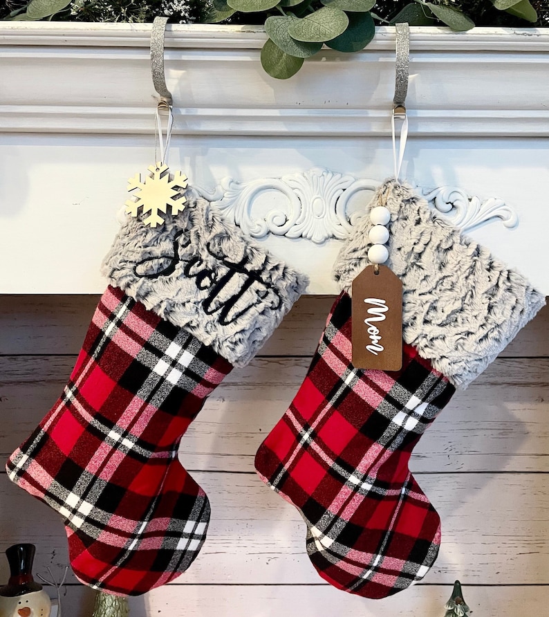 Plaid Stockings. Buffalo Plaid Stockings. Personalized Christmas Stockings. Gray Stockings. Christmas Stocking. Farmhouse Stockings. RedPlaid/GrayFur