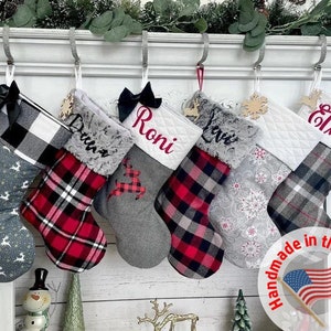 Handmade Buffalo Plaid Christmas Stocking: Personalized Farmhouse Stockings, Red, Gray, Embroidered or Name Tag