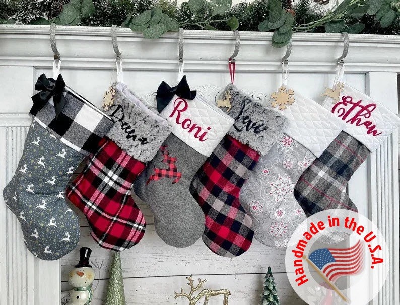 Plaid Stockings. Buffalo Plaid Stockings. Personalized Christmas Stockings. Gray Stockings. Christmas Stocking. Farmhouse Stockings. image 1
