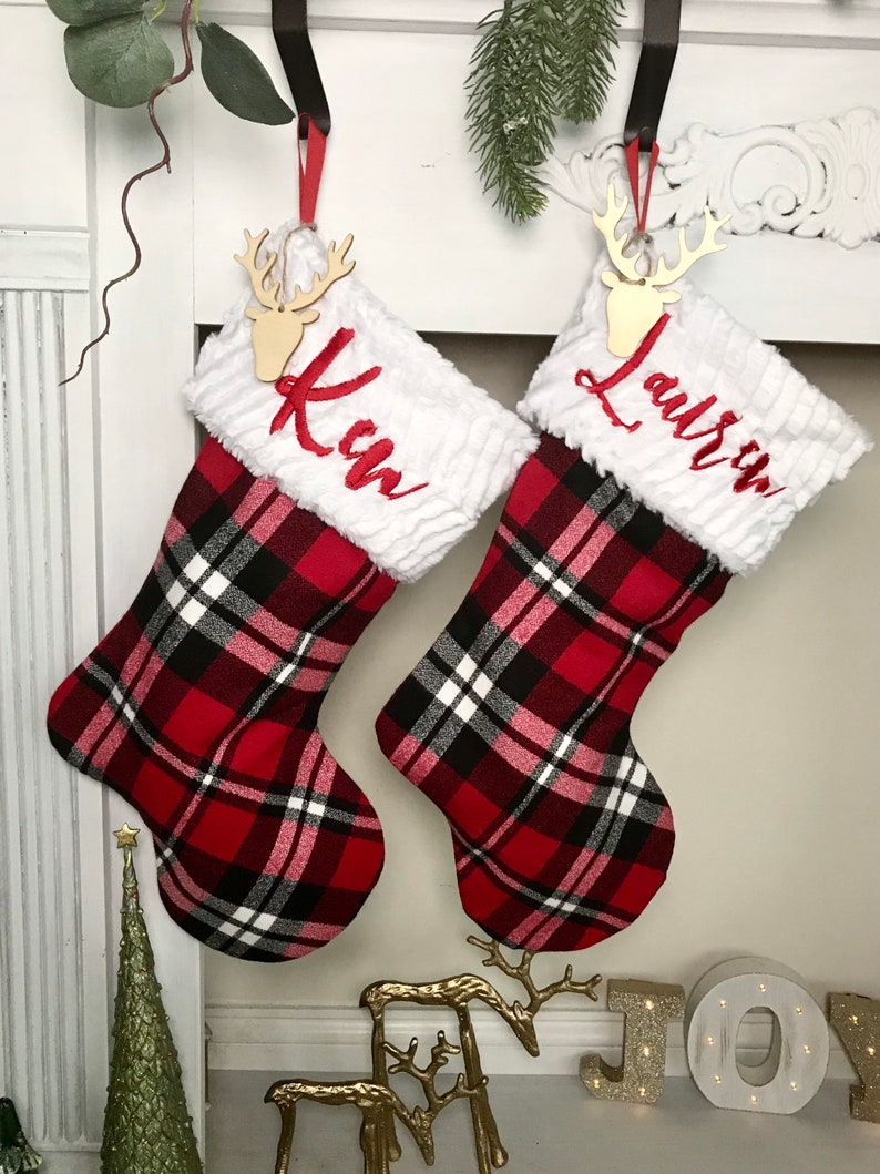 Plaid Stockings. Buffalo Plaid Stockings. Personalized Christmas Stockings. Gray Stockings. Christmas Stocking. Farmhouse Stockings. RedPlaid/WhiteFur