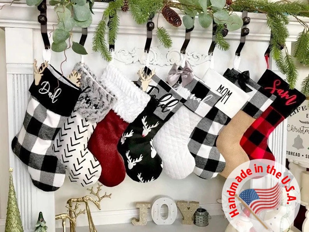 Personalized Christmas Stockings Wood Name Tags with Black Buffalo