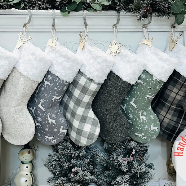 Personalized Christmas Stockings. Gray Christmas Stockings. Fur Stockings. Gray  Stockings. Grey Stockings. Embroidered Stockings.Earth Grey