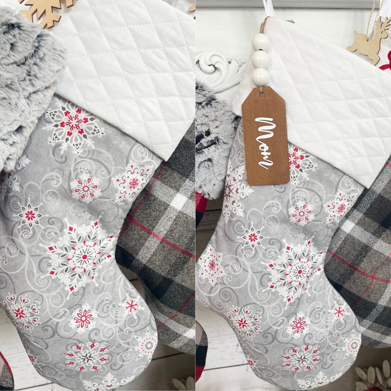Plaid Stockings. Buffalo Plaid Stockings. Personalized Christmas Stockings. Gray Stockings. Christmas Stocking. Farmhouse Stockings. GreySnowflakes/White