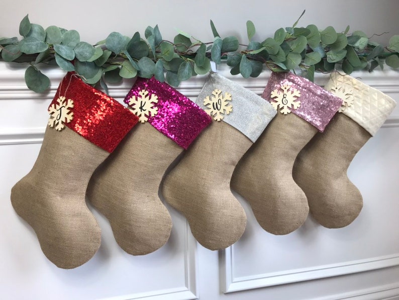 Pink Silver Fuchsia White Gold Ivory Beige Red Sequins Christmas Stockings Personalized Burlap Christmas Stocking