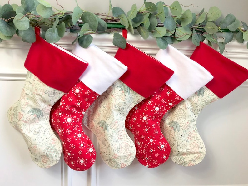 Personalized Christmas Stocking Cream Ivory Red Snowflake Stocking Rae Dunn Inspired Farmhouse Christmas Stockings