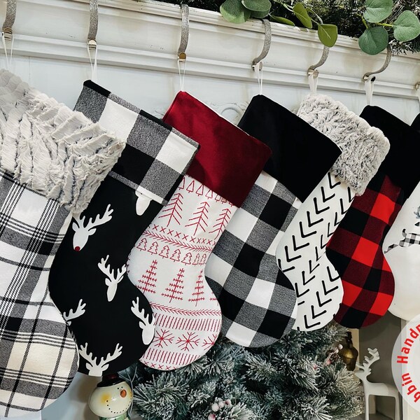 Handmade Buffalo Plaid Christmas Stocking: Personalized, Black and White, Red, Buffalo Check Farmhouse Stockings