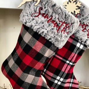 Plaid Stockings. Buffalo Plaid Stockings. Personalized Christmas Stockings. Gray Stockings. Christmas Stocking. Farmhouse Stockings. RedGrayBlkChk/GrFur