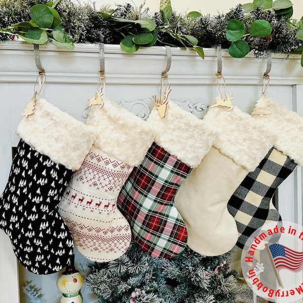 Handmade Vintage Farmhouse Christmas Stocking: Personalized Stewart Plaid, Ivory or Neutral Stockings, Embroidered or Wooden Name Tag
