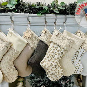 Farmhouse Stockings. Personalized Christmas Stockings. Gold Stockings. Embroidered, Beige  Stockings, Fur Stockings, Neutral Stockings Fur S