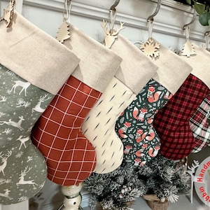 Handmade Scandinavian Christmas Stocking: Personalized Neutral, Stewart Plaid, Optional Embroidered Stocking with Linen Top