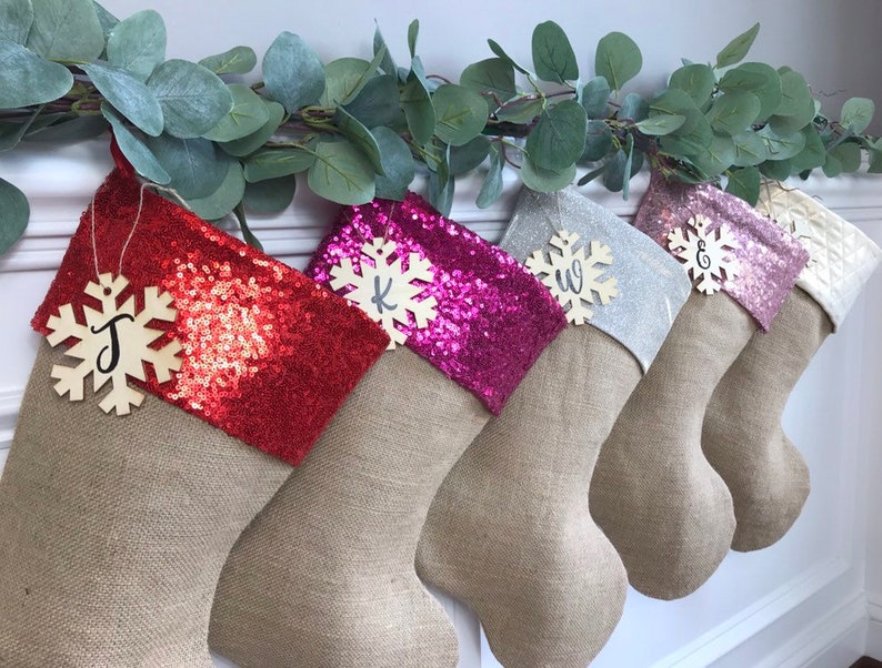 Pink Silver Fuchsia White Gold Ivory Beige Red Sequins Christmas Stockings Personalized Burlap Christmas Stocking