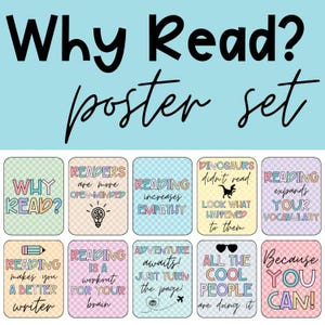 Op de afbeelding: Een set kleurrijke posters met de tekst "Why Read?" en "poster set" bovenaan. Elke poster heeft een andere boodschap over lezen, zoals "Lezen vergroot je vocabulaire" en "Omdat je het kunt!"