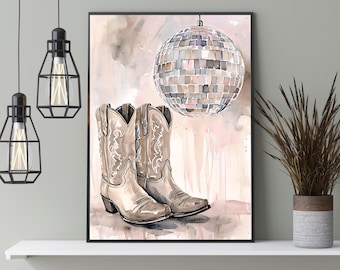 Disco Cowgirl Print | Western Boots & Disco Ball Wall Art (Digital Download)