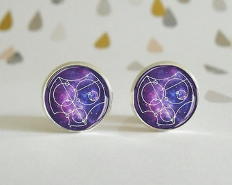 Stud earrings - I Love You, in Gallifreyan language - Dr Who - Glass Dome Cabochon - Wedding - Geek Gift - Blue - Violet