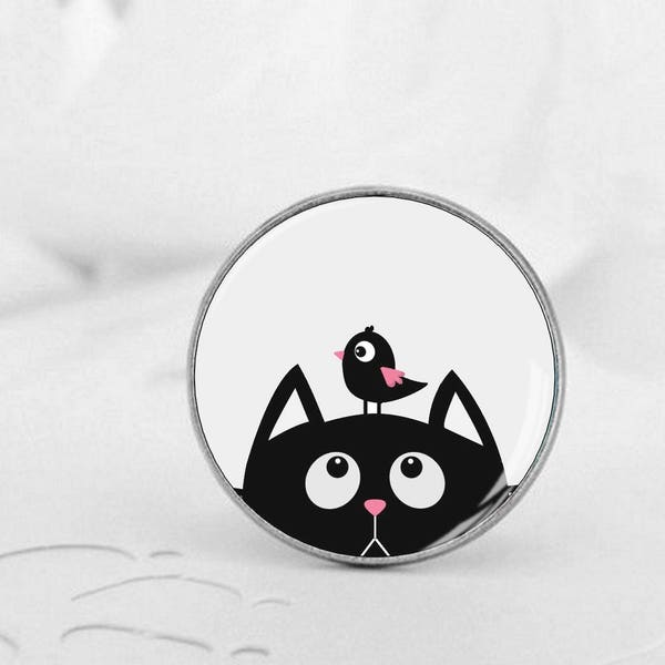 Bague Le Chat et l'oiseau - Bague cabochon ajustable  - Cadeau original - Noir et blanc - Bijou minimaliste - Chat mignon - Cartoon