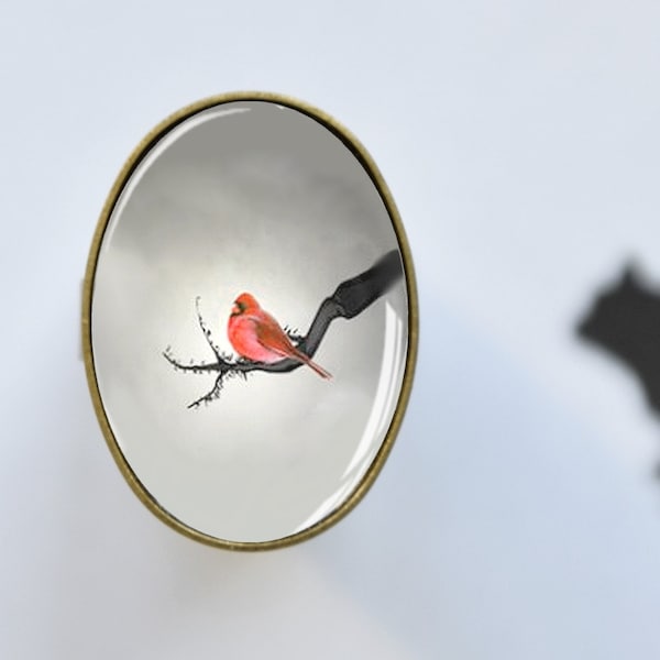 Bague Oiseau rouge - Bague cabochon ajustable - Cadeau Romantique - Cabochon en verre - Vintage - Automne - Girly - Délicat - Minimaliste