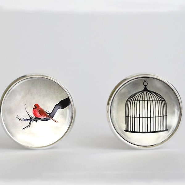 Oiseau rouge - Boucles d'oreilles - Puces, cabochon en verre - Cage - Rouge gorge - Branche - Minimaliste - Bohème - Liberté
