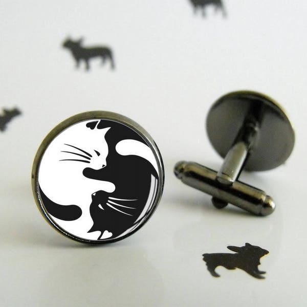 Chat Yin et Yang - Boutons de manchette - Cabochon en verre - Mariage - Set cadeau pour lui - Bijoux pour homme