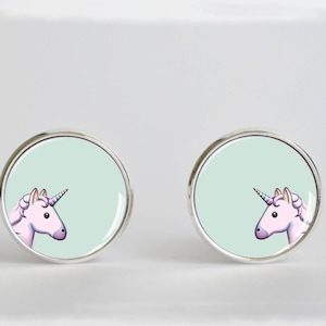 Licorne - Boucles d'oreilles - Puces, cabochon en verre - Emoji - Turquoise - Vert menthe - Vert d'eau - Mignon - Girly