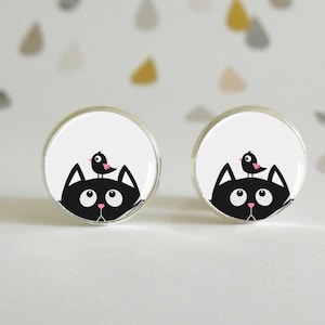 Freunde - Ohrringe - Glas Cabochon Ohrstecker - Vogel und Katze - Schwarz und Weiß - Minimalistisch - Niedlich - Grafik - Cartoon