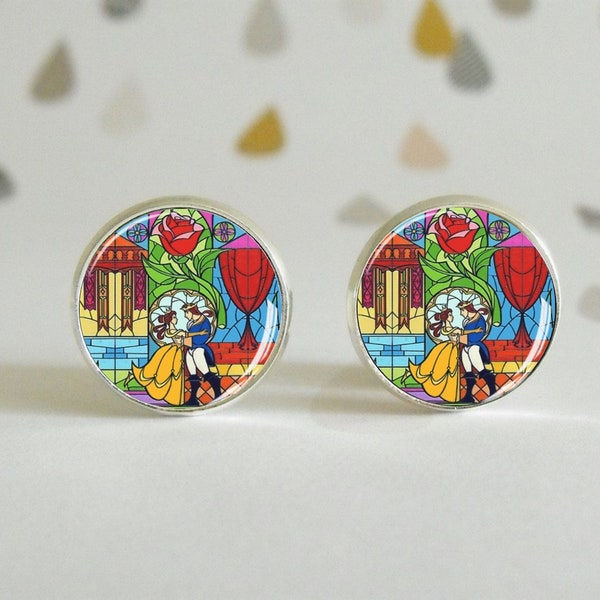 Belle et la Bête - Boucles d'oreilles - Puces avec cabochon en verre - Vitrail - Coloré romantique - Cadeau geek livresque