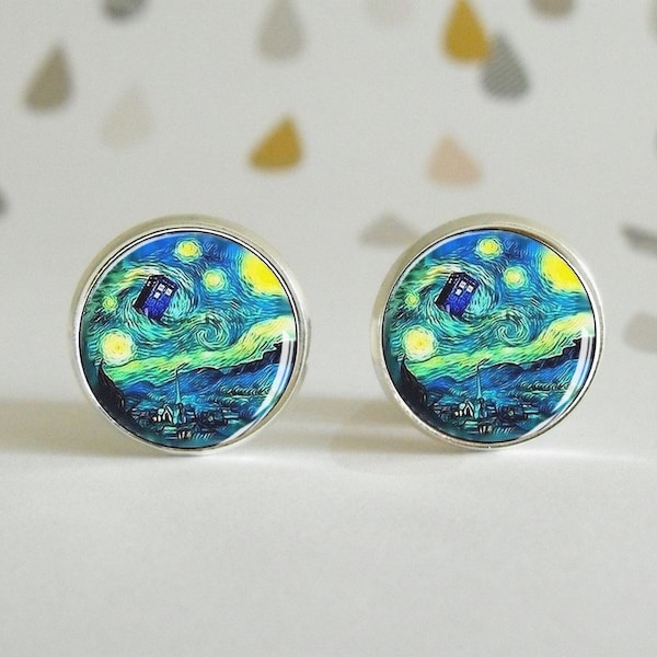 Van Gogh Tardis - Boucle D'oreille - Cabochon verre - Docteur Who - Nuit étoilée - Bijou cadeau geek - Etsy gift - Tableau - Peintre