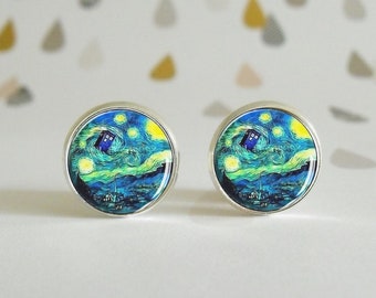 Van Gogh Tardis - Earrings - Glass cabochon dome - Doctor Who - Starry Night - Etsy geek jewel - Gift