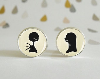 Jack & Sally  - Stud Earrings - Glass cabochon dome - Special Geek gift - Disney Couple - Minimal Jewel