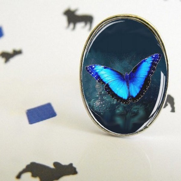 Bague ovale Absolem - Bague cabochon ovale ajustable - Disney - Bleu - Papillon - Minimaliste - Délicat - Alice Pays des Merveilles