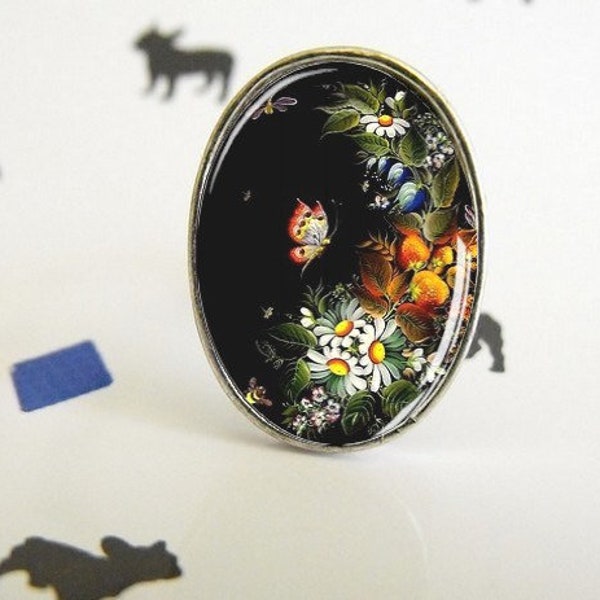 Ring flowers - Oval adjustable ring - Glass cabochon - Floral pattern - Special gift - Butterfly - Zhostovo - Slavic - Folk jewel