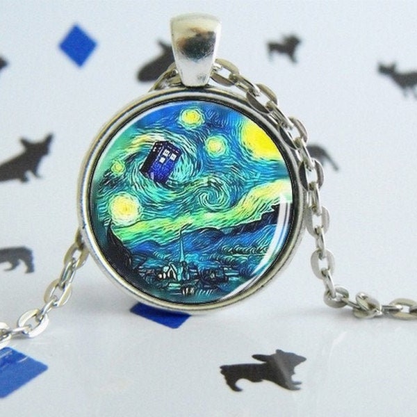 Van Gogh Tardis - Necklace round pendant - Glass cabochon dome - Doctor Who - Starry Night - Etsy geek jewel - Gift