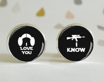 Leia and Han - Stud Earrings - Glass Dome Cabochon - Star Wars - Geek Nerd Gift - Romantic - Black and white - Graphic Wedding